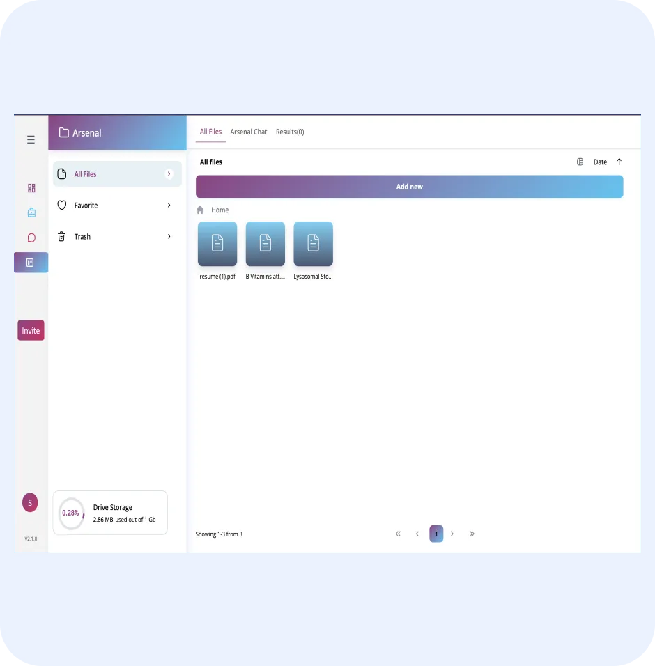 Arsenal document management interface displaying file storage options, including PDFs and AI chatbot access for document insights.